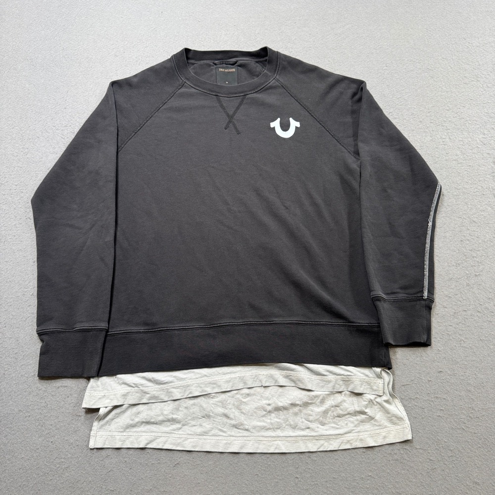 True Religion Sweatshirt Mens M Black Horseshoe Logo Crewneck Layered Hem Y2K